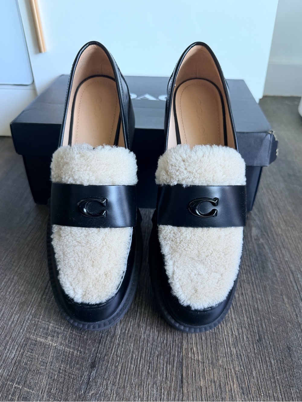 Coach Black Leather Loafers with Cream Shearling Trim size 10